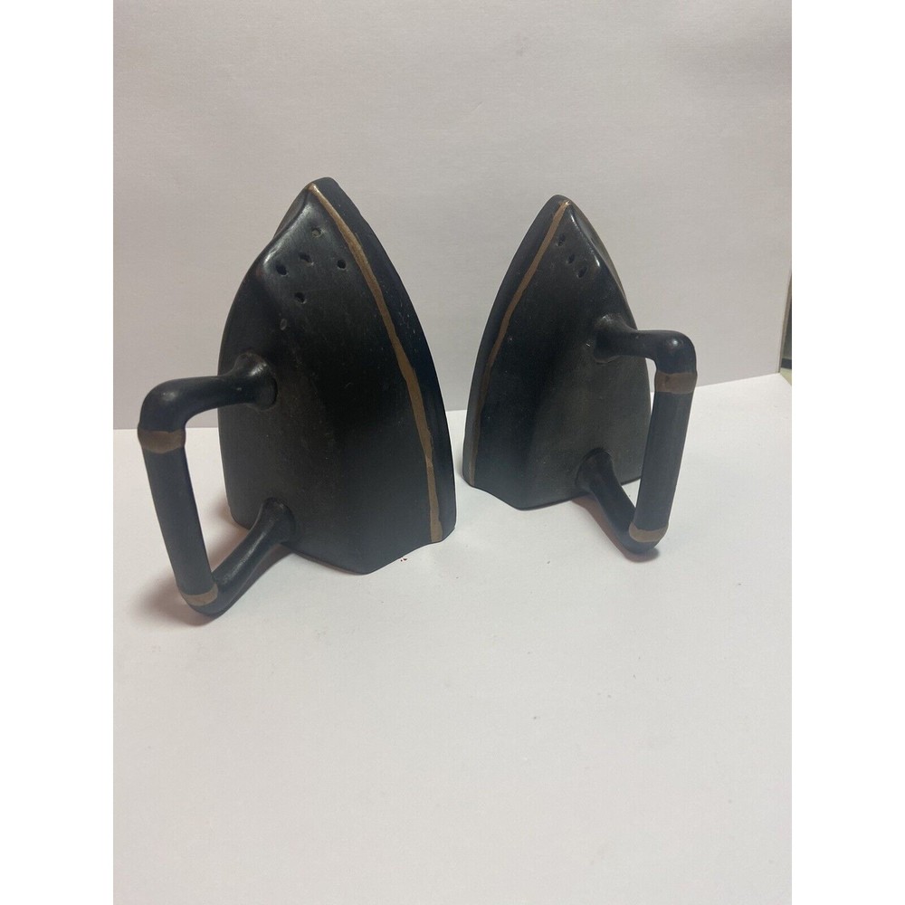 Vintage 70s Black Gold Porcelain Antique Irons Salt & Pepper Shakers Signed